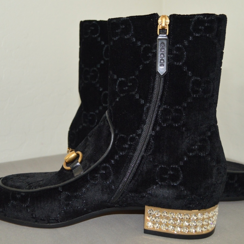 Gucci 'Mister GG' Monogram Velvet Horsebit With Rhinestone Black Boots SZ 37.5 - Picture 9 of 14